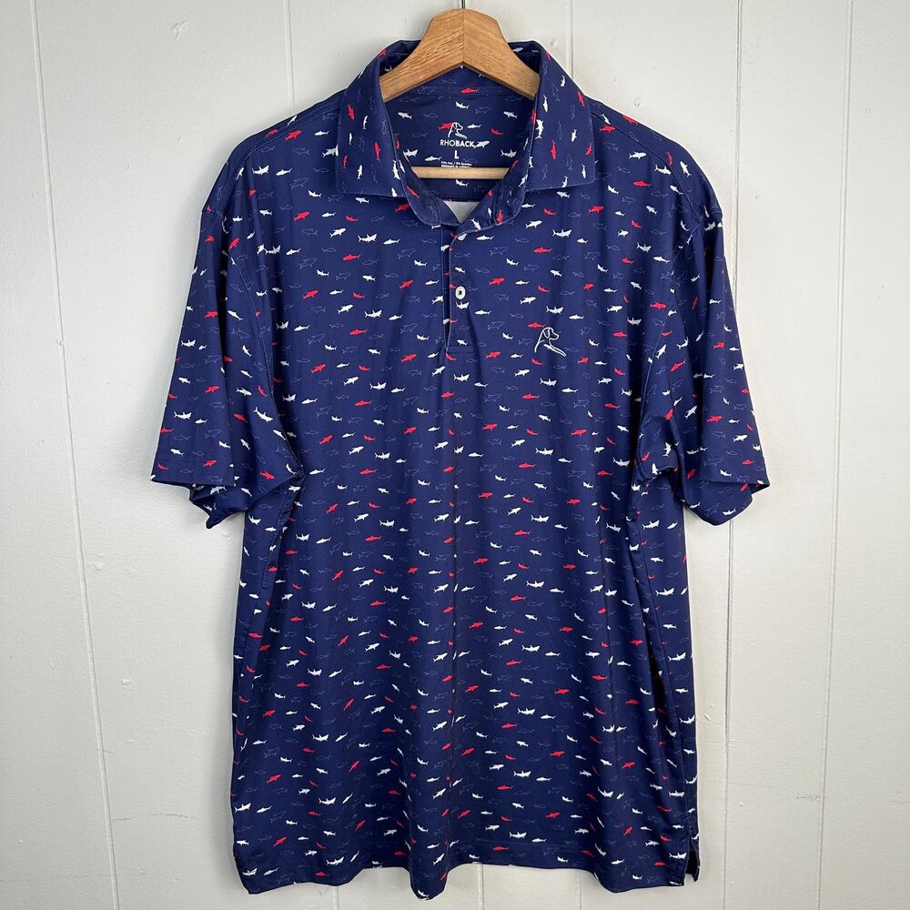 Rhoback Mens L Navy Shark Print Polo Performance Golf Shirt Stretch Coastal Prep